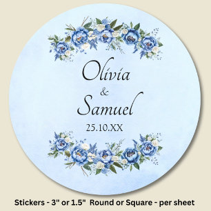 Sticker Rond Noms des mariés & Date Pivoine bleue