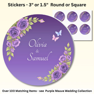 Sticker Rond Noms des mariés Fleurs Mauve Violet & Blanc