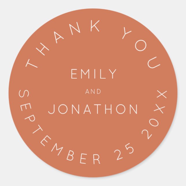 Sticker Rond Noms du Merci Mariage simple Date Terracotta (Devant)