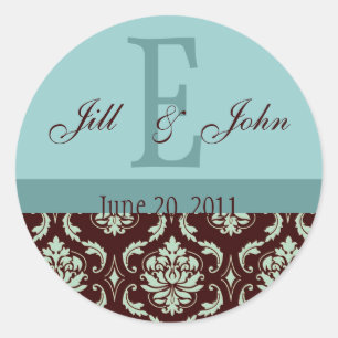 Sticker Rond Noms du monogramme mariage Date Damas Brown Bleu
