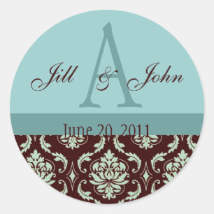 Sticker Rond Noms du monogramme mariage Date Damas Brown Bleu