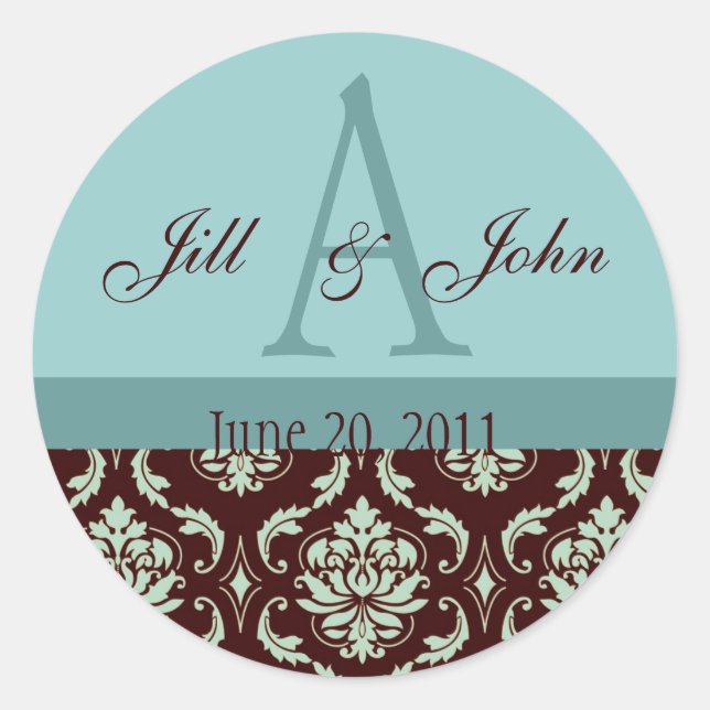 Sticker Rond Noms du monogramme mariage Date Damas Brown Bleu (Devant)