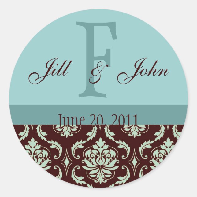 Sticker Rond Noms du monogramme mariage Date Damas Brown Bleu (Devant)