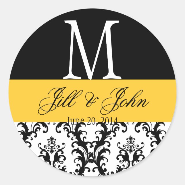 Sticker Rond Noms du monogramme mariage Date Damask Black Yello (Devant)