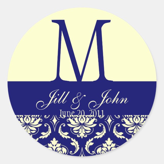 Sticker Rond Noms du monogramme mariage Date Damask Navy Creme (Devant)