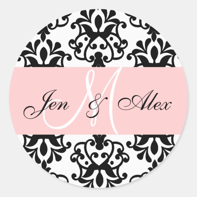 Sticker Rond Noms du monogramme rose Mariage damassé Seal (Devant)