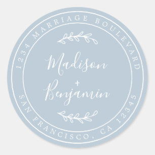 Sticker Rond Noms élégants Mariage bleu Adresse de retour