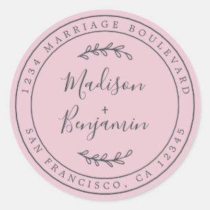 Sticker Rond Noms élégants Mariage rose Adresse de retour