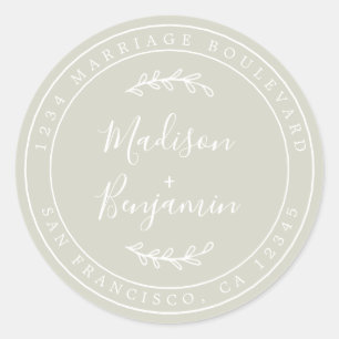Sticker Rond Noms élégants Mariage vert Adresse de retour
