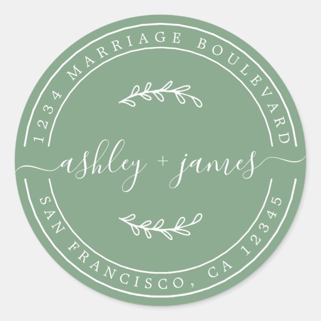 Sticker Rond Noms élégants Mariage vert Adresse de retour (Devant)