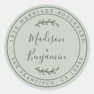Sticker Rond Noms élégants Pastel Green Mariage Adresse de reto