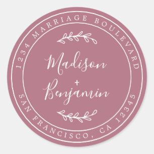 Sticker Rond Noms élégants Purple Cassis Mariage Adresse de ret