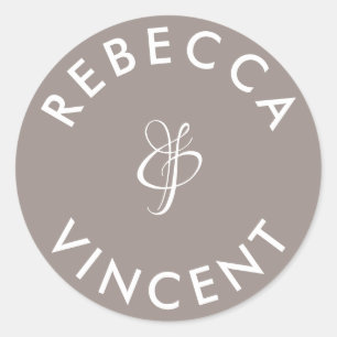Sticker Rond Noms Personnalisés de Mariage Gris Greige Minimali