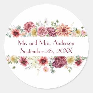 Sticker Rond Noms Personnalisés Fleurs Blanches Roses Date de M