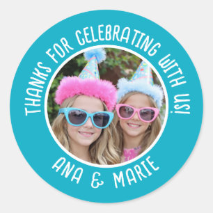 Sticker Rond Noms photo personnalisés Double Merci anniversaire