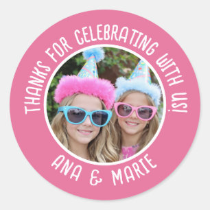 Sticker Rond Noms photo personnalisés Double Merci anniversaire