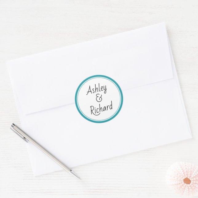 Sticker Rond Noms simples et élégants mariage turquoise (Enveloppe)