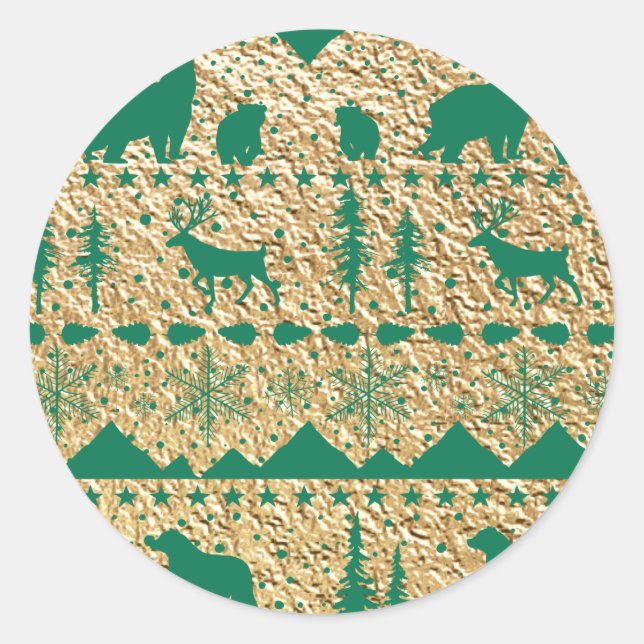Sticker Rond Nordique Sweater Forest Green Winter Animaux Gold (Devant)