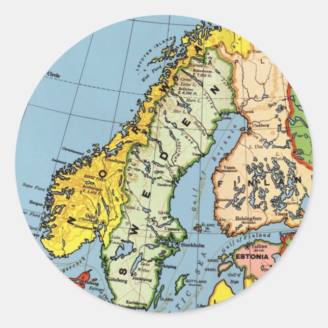 Sticker Rond Norvège Suède Danemark Design de carte (Devant)