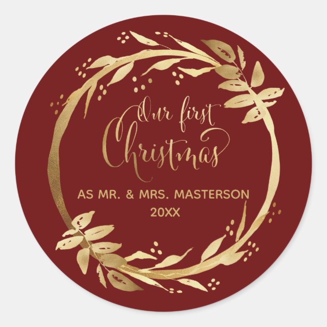 Sticker Rond Nos premiers noël jeunes mariés Gold Bourgogne (Devant)