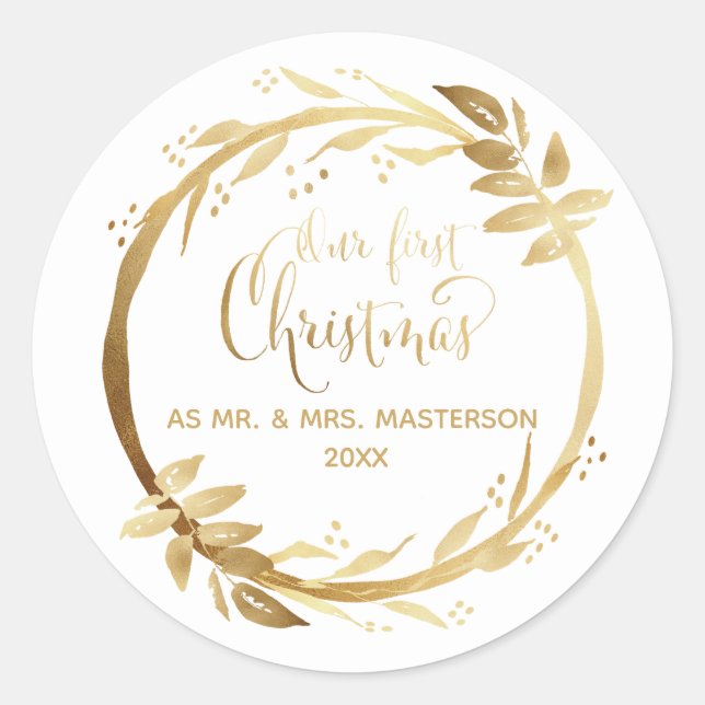 Sticker Rond Nos premiers noël jeunes mariés Gold White (Devant)