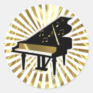 Sticker Rond Notes de musique de piano à queue d'or et de noir
