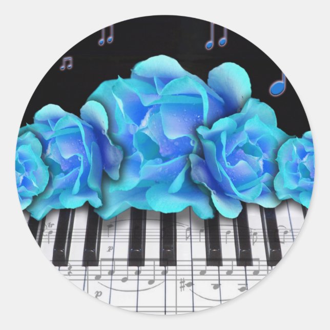 Sticker Rond Notes de musique et clavier de piano Rose bleu (Devant)