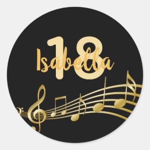 Sticker Rond Notes de musique or 18e anniversaire sur élégant n