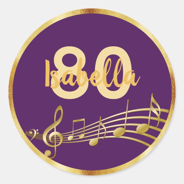 Sticker Rond Notes de musique or à 80e anniversaire sur l'éléga (Devant)