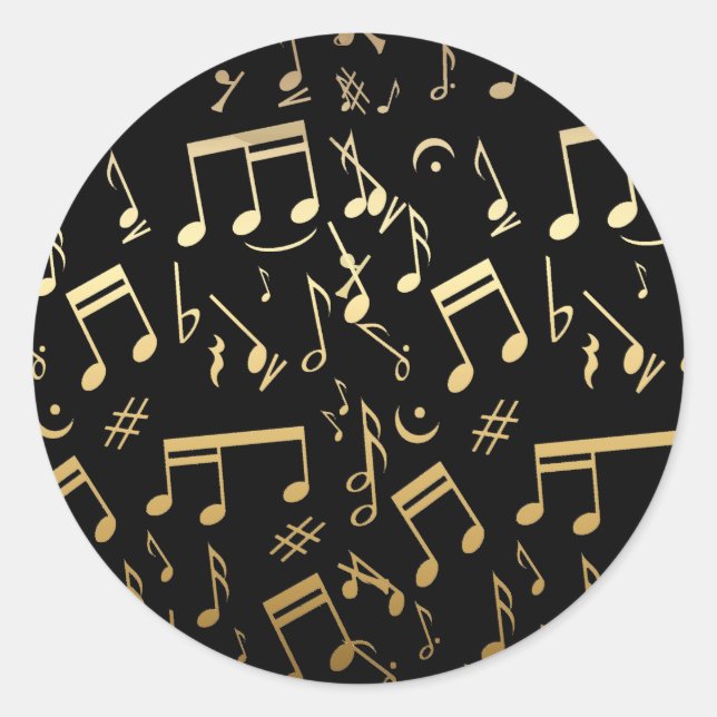 Sticker Rond Notes musicales d'or sur arrière - plan noir (Devant)