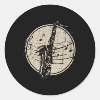 Sticker Rond Notes musicales Saxophoniste Musicien de jazz Saxo