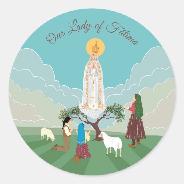 Sticker Rond Notre-Dame de Fatima et les trois bergers (Devant)