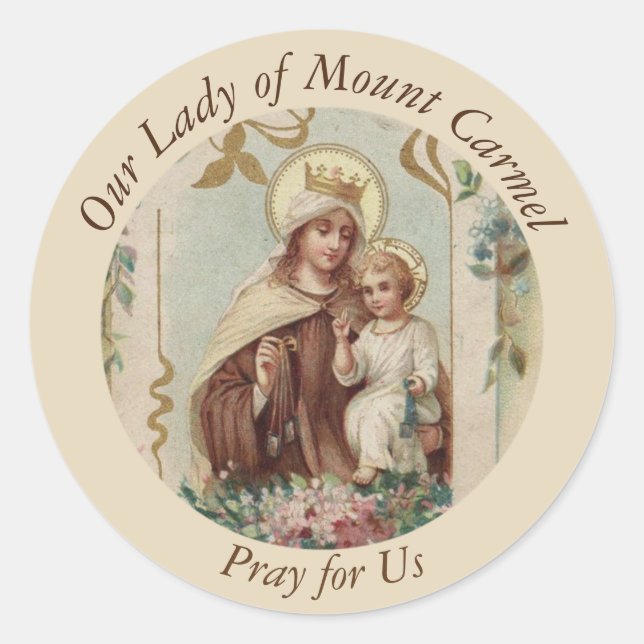 Sticker Rond Notre Dame du Mont Carmel Baby Jésus Scapulaire (Devant)
