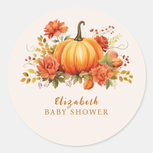 Sticker Rond Notre petit Baby shower d'automne fleuri citrouill (Devant)