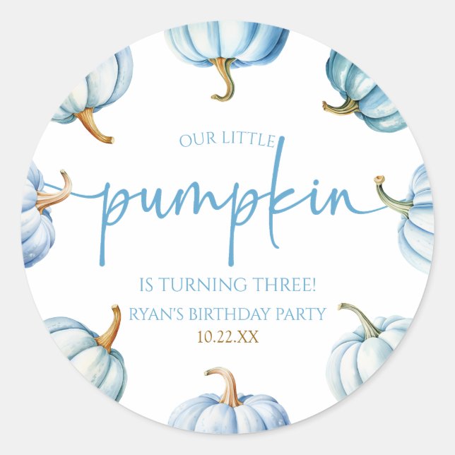 Sticker Rond Notre Petit Citrouille Bleu Blanc Automne Fête d'A (Devant)