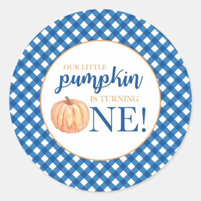 Sticker Rond Notre petit Citrouille bleu plaid premier annivers (Devant)
