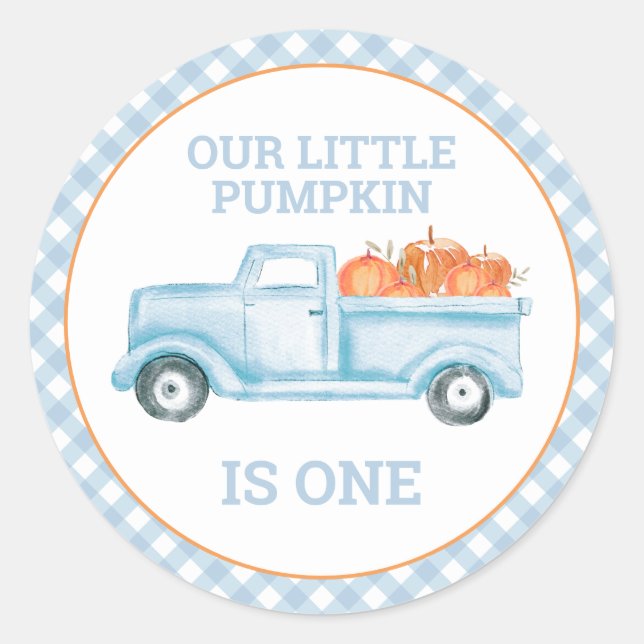 Sticker Rond Notre petit Citrouille camion bleu clair premier a (Devant)