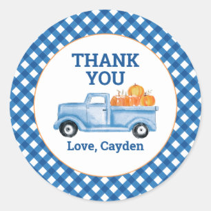Sticker Rond Notre petite citrouille camion bleu cadeau de prem