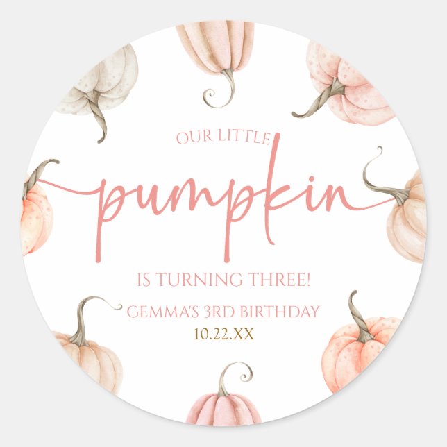 Sticker Rond Notre Petite Citrouille Rose Blanc Automne fête d' (Devant)