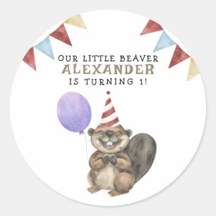 Sticker Rond Notre petite fête d'anniversaire de Beaver 1 an