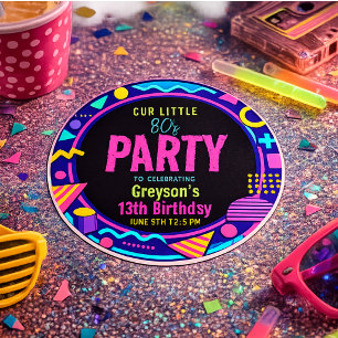 Sticker Rond notre petite fête d'anniversaire Rétro Néon 80