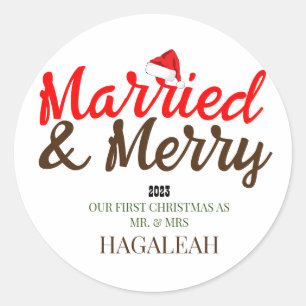 Sticker Rond Notre premier Noël, M. et Mme Newlyhed Merry