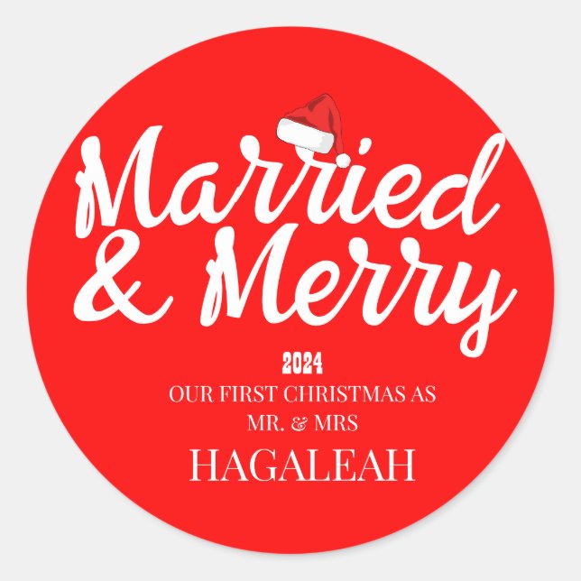 Sticker Rond Notre premier Noël, M. et Mme Newlyhed Merry (Devant)