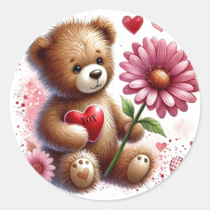 Sticker Rond Nounours avec cœur rouge de la Saint-Valentin