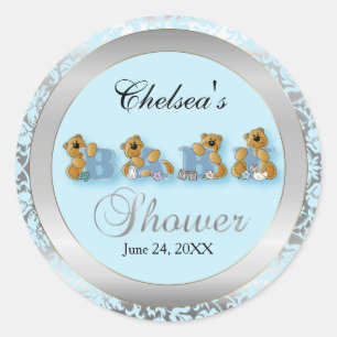 Sticker Rond Nounours Blue & Silver Damask BABY SHOWER