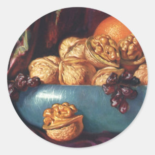 Sticker Rond Nourriture vintage, noix et fruits dans un Bol Ble