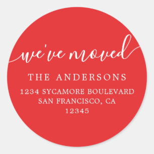 Sticker Rond Nous avons déplacé Bright Red New Address étiquett