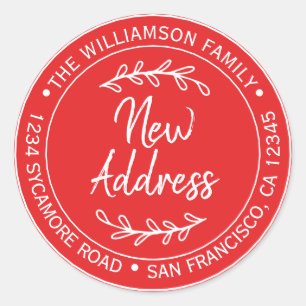 Sticker Rond Nous avons déplacé Bright Red New Address étiquett
