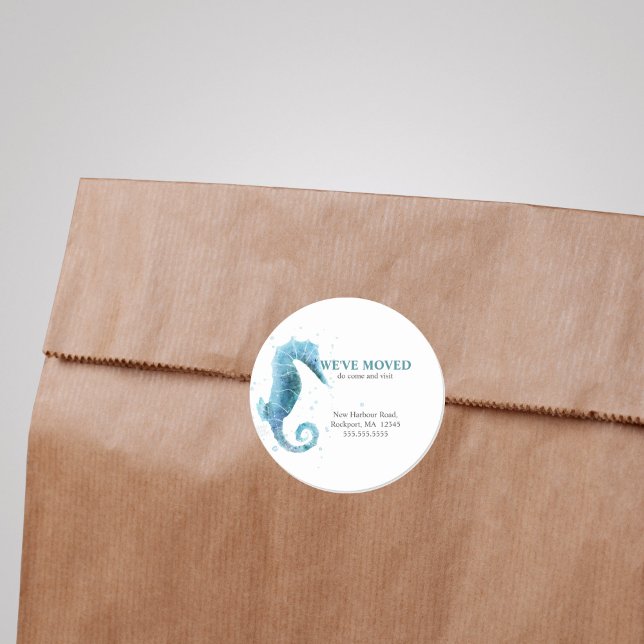 Sticker Rond Nous avons déplacé de mignons Cheval de mer Faire- (Watercolor Sea Horse Moving Announcement Sticker)