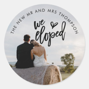 Sticker Rond Nous Avons Elopé Photo Nom Artsy Script